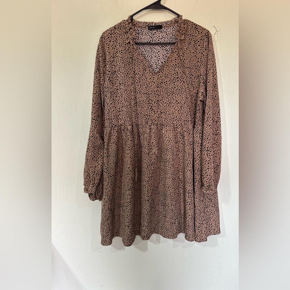 Shein tan with black Dalmatian spots long sleeve mock neck tie neck dress xl